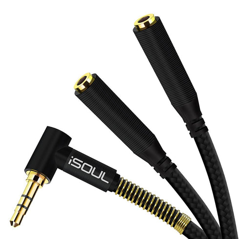 Nylon Braided LShape 3.5mm Audio Jack Dual Splitter Cable Black Silver - TradeNRG UK
